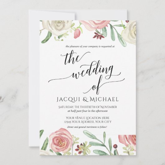 Ivoor en Blush Bloemen Huwelijk Rozen Bladblad Kaart (Voorkant)