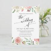 Ivoor en Blush Bloemen Huwelijk Rozen Bladblad Kaart (Staand voorkant)