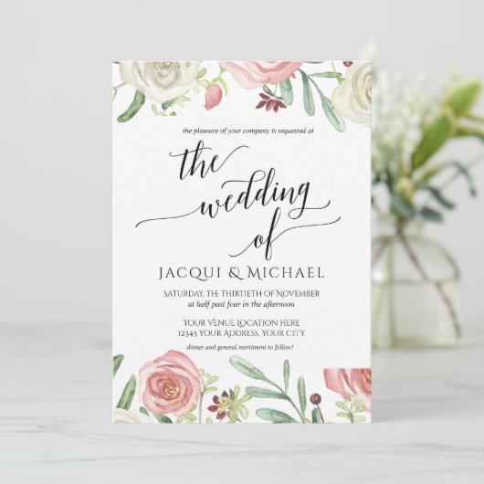 Ivoor en Blush Bloemen Huwelijk Rozen Bladblad Kaart (Staand voorkant)