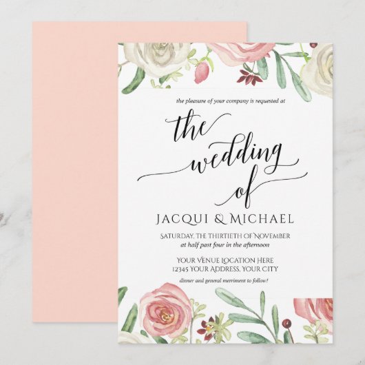 Ivoor en Blush Bloemen Huwelijk Rozen Bladblad Kaart (Voorkant / Achterkant)