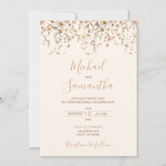 Ivoor en Blush Wildflower Bruiloft Kaart (Voorkant)