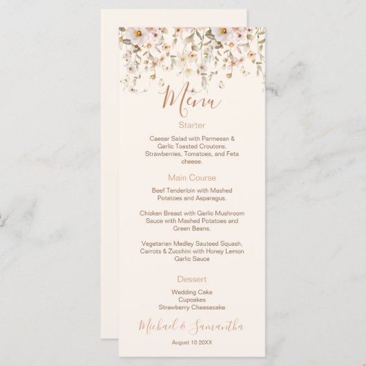 Ivoor en Blush Wildflower Bruiloft Menu (Voorkant / Achterkant)