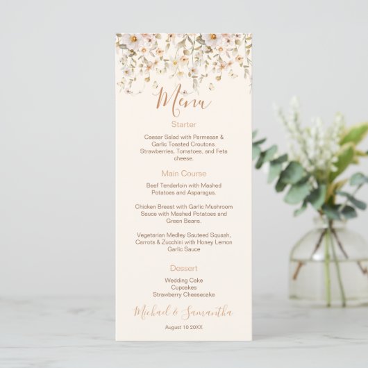 Ivoor en Blush Wildflower Bruiloft Menu (Staand voorkant)