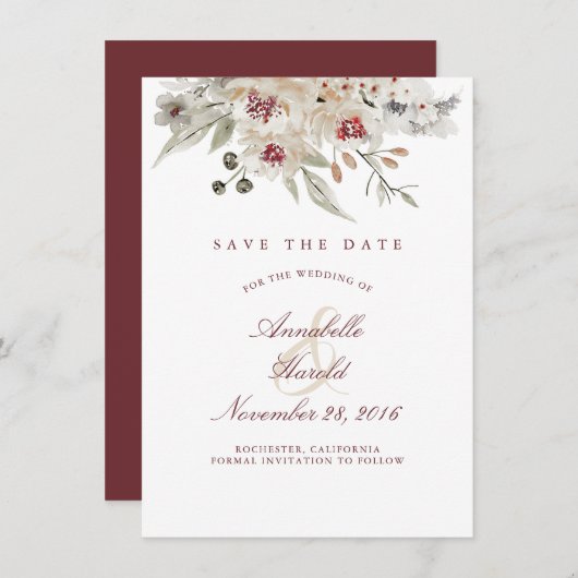 Ivoor en Bourgogne Waterverven Bloemen Save the Da Save The Date (Voorkant / Achterkant)