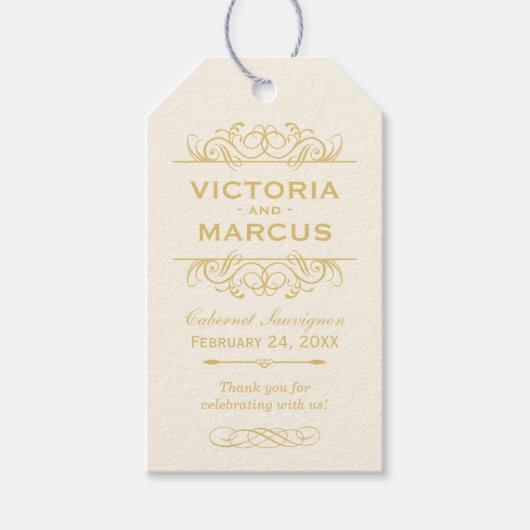 Ivoor en Goud Bruiloft Wijnfles Monogram Cadeaulabel (Voorkant)