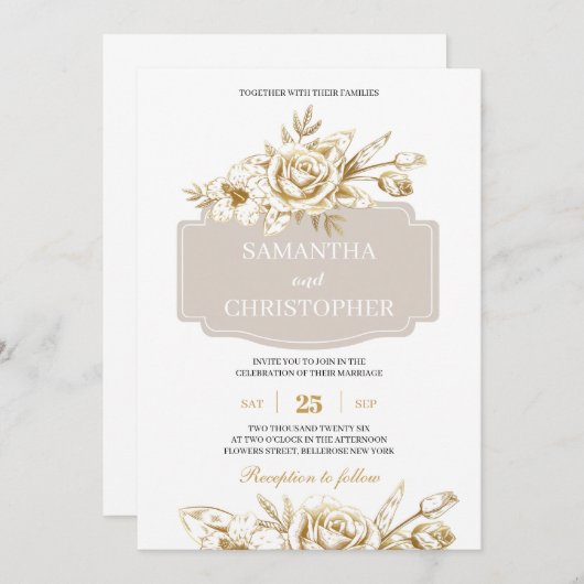 Ivoor en gouden rozen rustieke chique bruiloft kaart (Voorkant / Achterkant)