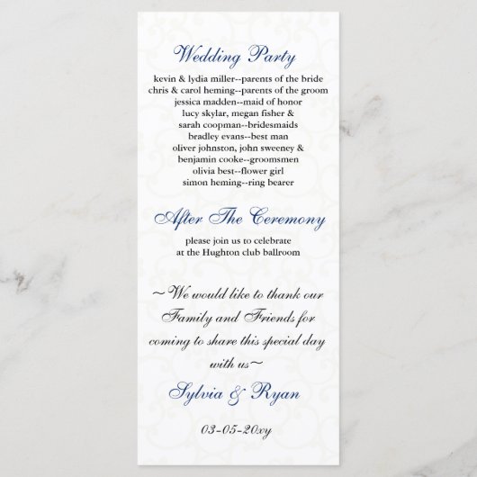 Ivoor en koninklijk blauw Bruiloftsprogramma Programmakaart (Achterkant)