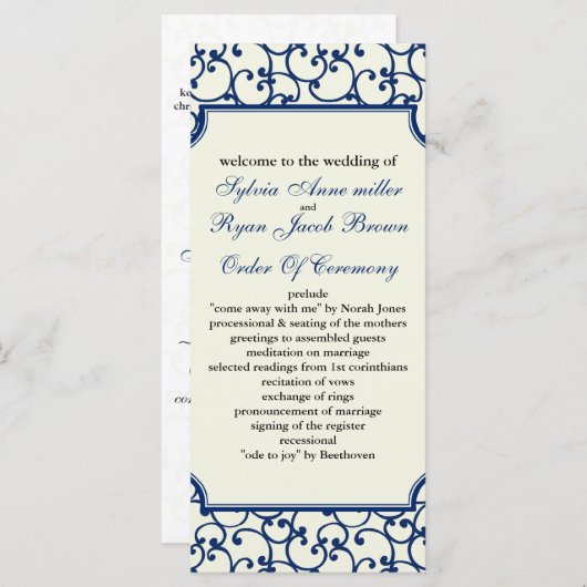 Ivoor en koninklijk blauw Bruiloftsprogramma Programmakaart (Voorkant / Achterkant)