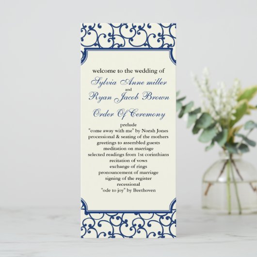 Ivoor en koninklijk blauw Bruiloftsprogramma Programmakaart (Staand voorkant)