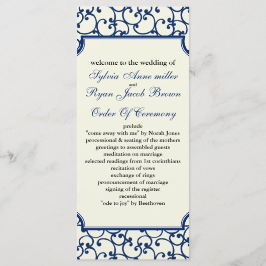 Ivoor en koninklijk blauw Bruiloftsprogramma Programmakaart (Voorkant)