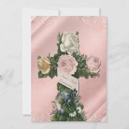 Ivoor en Koraal Roze Eerste Communie Kaart (Voorkant)