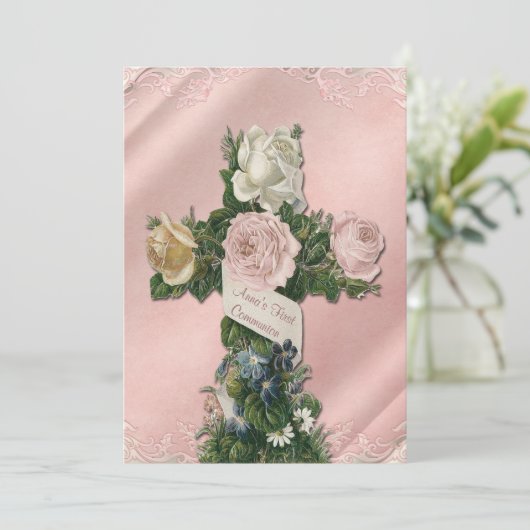  Ivoor en Koraal Roze Eerste Communie Kaart (Staand voorkant)