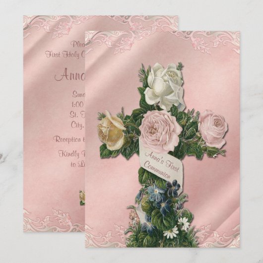  Ivoor en Koraal Roze Eerste Communie Kaart (Voorkant / Achterkant)