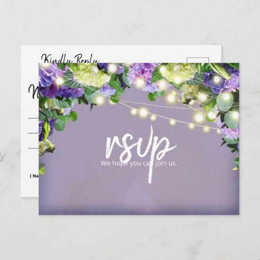 Ivoor- en Paarse hydrangeas | Paarse RSVP Briefkaart (Voorkant / Achterkant)