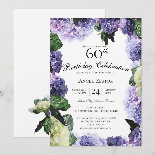 Ivoor- en Paarse hydrangeas | Witte 60e verjaardag Kaart (Voorkant / Achterkant)