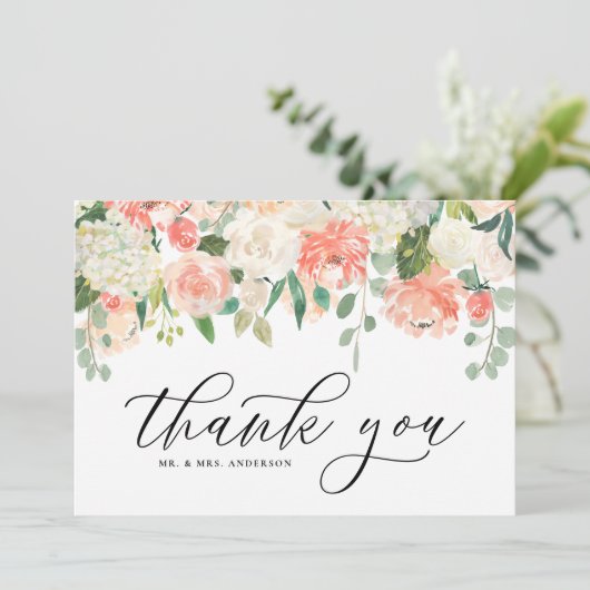Ivoor en perzik aquarel pioenroos en hortensia bedankkaart (Staand voorkant)