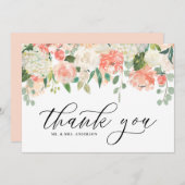 Ivoor en perzik aquarel pioenroos en hortensia bedankkaart (Voorkant / Achterkant)