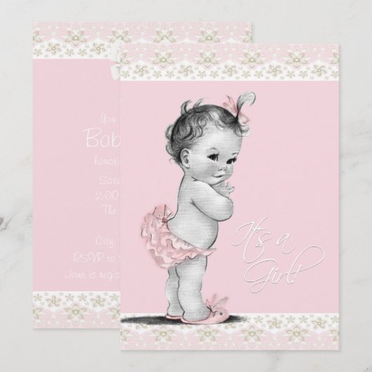 Ivoor en roze  Baby Girl Shower Kaart (Voorkant / Achterkant)