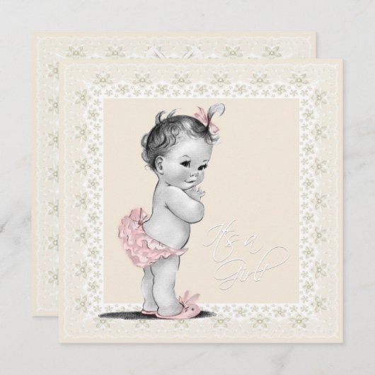 Ivoor en roze babymeisjesdouche kaart (Voorkant / Achterkant)