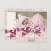 Ivoor en roze Damask Baby Girl Foto doop Kaart (Voorkant / Achterkant)