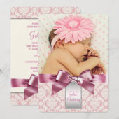 Ivoor en roze Damask Baby Girl Foto doop Kaart (Voorkant / Achterkant)