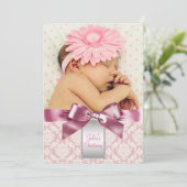 Ivoor en roze Damask Baby Girl Foto doop Kaart (Staand voorkant)