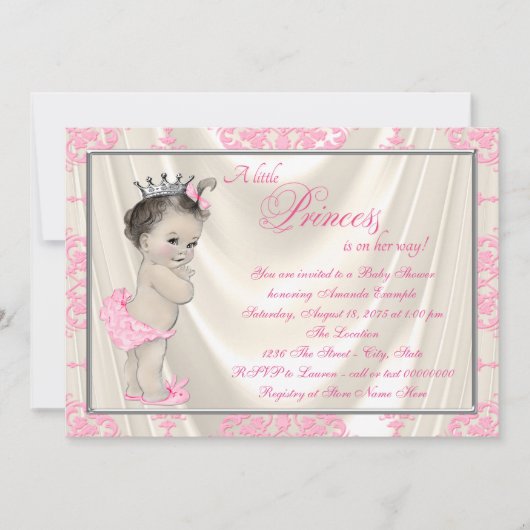 Ivoor en roze Damask Baby shower Satin Kaart (Voorkant)