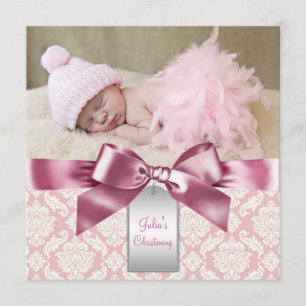 Ivoor en Roze Damast Baby Meisje Foto Doopfeest Kaart
