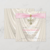 Ivoor en Roze Kruis Eerste Communie Satijn Glitter Kaart (Voorkant / Achterkant)