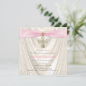 Ivoor en Roze Kruis Eerste Communie Satijn Glitter Kaart (Staand voorkant)