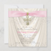 Ivoor en Roze Kruis Eerste Communie Satijn Glitter Kaart (Voorkant)