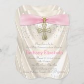 Ivoor en Roze Kruis Eerste Communie Satijn Glitter Kaart (Voorkant / Achterkant)