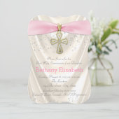 Ivoor en Roze Kruis Eerste Communie Satijn Glitter Kaart (Staand voorkant)