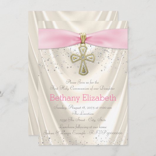 Ivoor en roze kruis Eerste Communie Satijn Kaart (Voorkant / Achterkant)