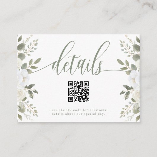 Ivoor en Sage Bloemen QR Code Bruiloft Details Informatiekaartje (Voorkant)