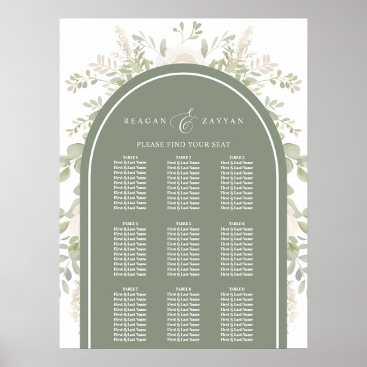 Ivoor en Sage Bloemenboog Bruiloft Zitkaarten Poster (Voorkant)