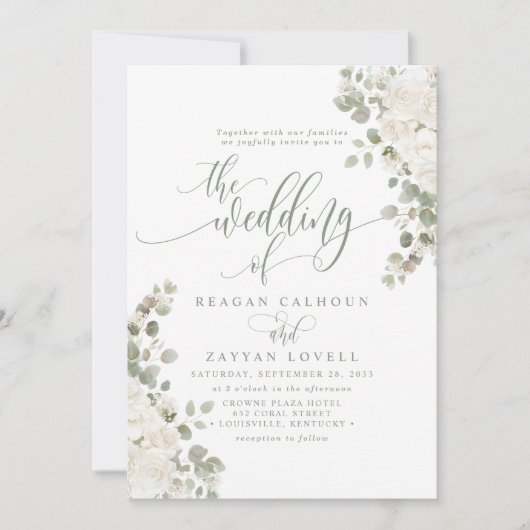 Ivoor en Sage Chique Elegante Bloemen Bruiloft Kaart (Voorkant)