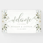 Ivoor en Sage Elegant Bloemen Bruiloft Welkom Spandoek (Horizontaal)