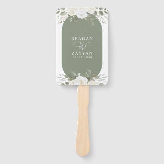 Ivoor en Sage Elegant Bloemen Huwelijk Programma Handwaaier (Voorkant)