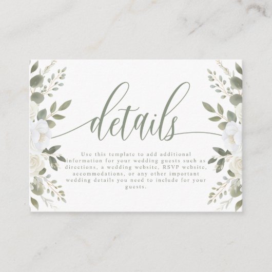 Ivoor en Sage Elegante Bloemen Bruiloft Details Informatiekaartje (Voorkant)