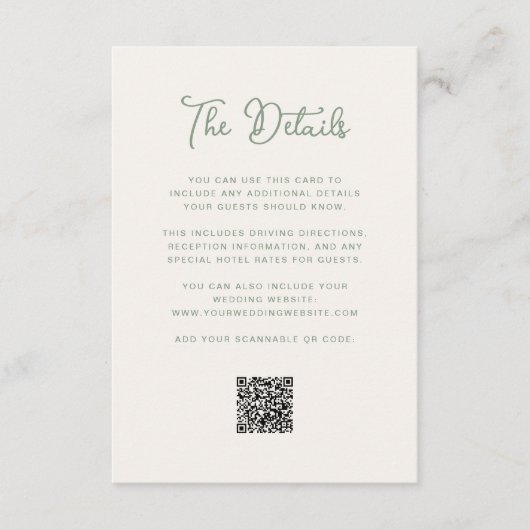 Ivoor en Sage Groene Bruiloft Gast Details QR Code Informatiekaartje (Voorkant)