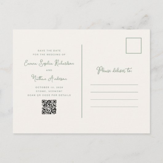 Ivoor en Sage Groene Foto | QR-code De datum opsla Aankondigingskaart (Achterkant)