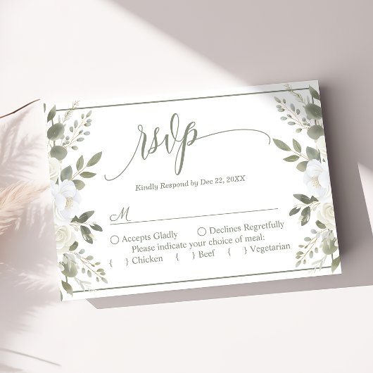 Ivoor en Sage Script Floral bruiloft RSVP