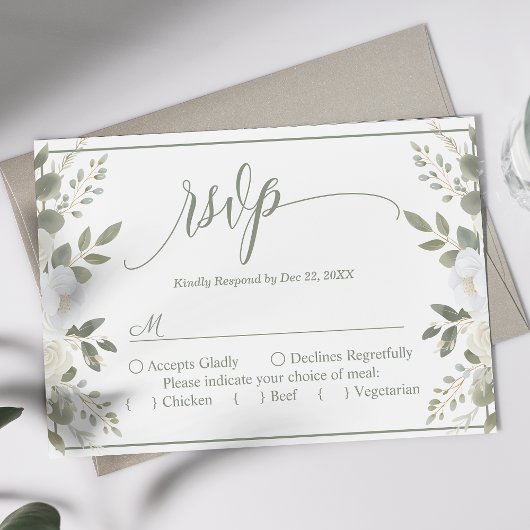 Ivoor en Sage Script Floral bruiloft RSVP