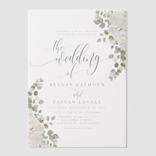 Ivoor en salie Chic Script Elegant Bloemen Huwelij Vellum Uitnodigingen (Voorkant)