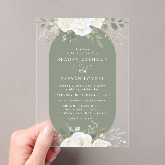 Ivoor en Salie Elegant Bloemen Bruiloft Acryl Uitnodigingen (Insitu (Draagbaar))