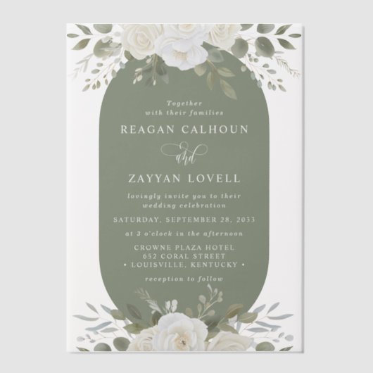 Ivoor en Salie Elegant Bloemen Bruiloft Vellum Uitnodigingen (Voorkant)