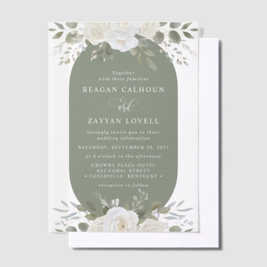 Ivoor en Salie Elegant Bloemen Bruiloft Vellum Uitnodigingen (Offset)