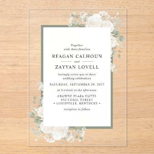 Ivoor en Salie Elegant Bloemen Lijst Bruiloft Acryl Uitnodigingen (Voorkant)