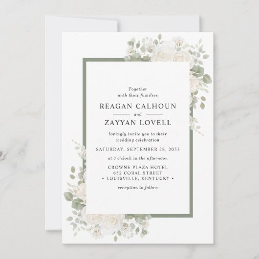 Ivoor en Salie Elegant Bloemen Lijst Bruiloft Kaart (Voorkant)